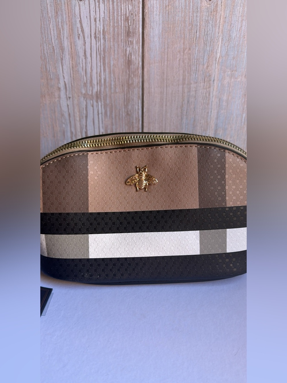 Striped Travel Pouch with Gold Bee Accent - Brown/Black